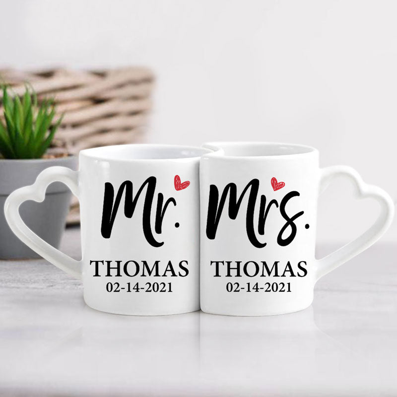 Mr and Mrs, Personalized Heart Shaped Mug Set, Valentine's Day gift