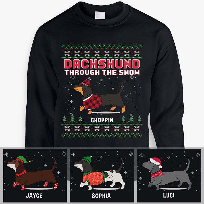 Dachshund through the snow, Personalized Custom Sweaters, T shirts, Christmas Gifts for Dog Lovers