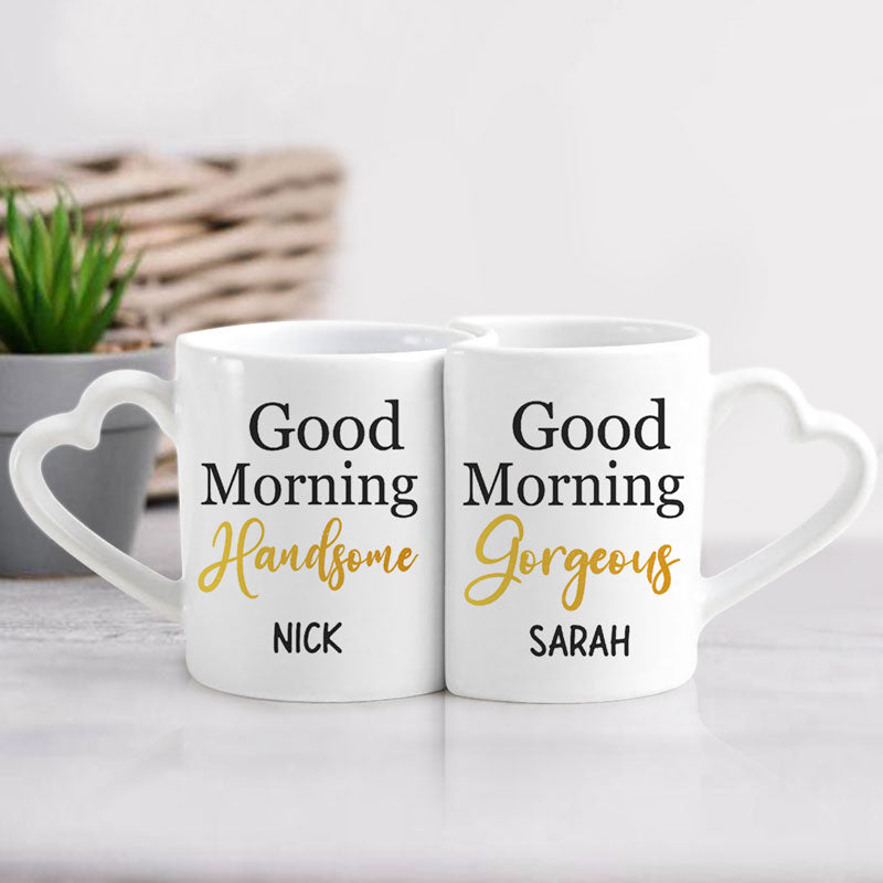 Good Morning Handsome, Good Morning Gorgeous, Personalized Heart Shaped Mug Set, Valentine's Day Gift Box