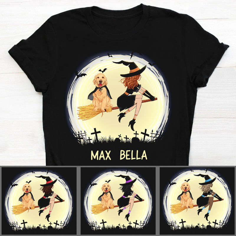Dark Color Custom T Shirt, Witch and Golden Retriever, Personalized Gifts for Dog Lovers