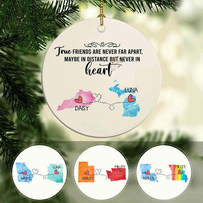 True Friends Long Distance, Personalized State Colors Circle Ornaments, Custom Best Friends Gift