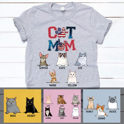 Cat Mom, American Flag Pattern, Custom Shirt, Personalized Gifts for Cat Moms