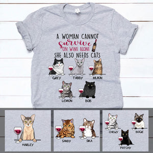 A Woman Cannot Survive On Wine Alone, Custom Shirt, Personalized Gifts for Cat Lovers